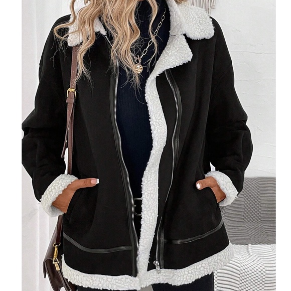 Luxe Vegan Suede Sherpa Lined Zip up Jacket Coat - Picture 2 of 9